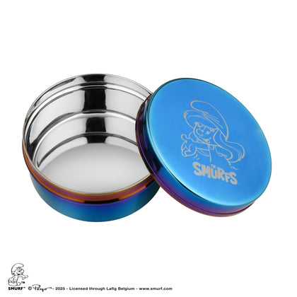 Blue food stainless steel container with Smurfette and The Smurfs logo etched on the lid 
