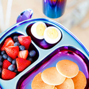 Ahimsa stainless steel toddler plate in blue with breakfast and fruit      