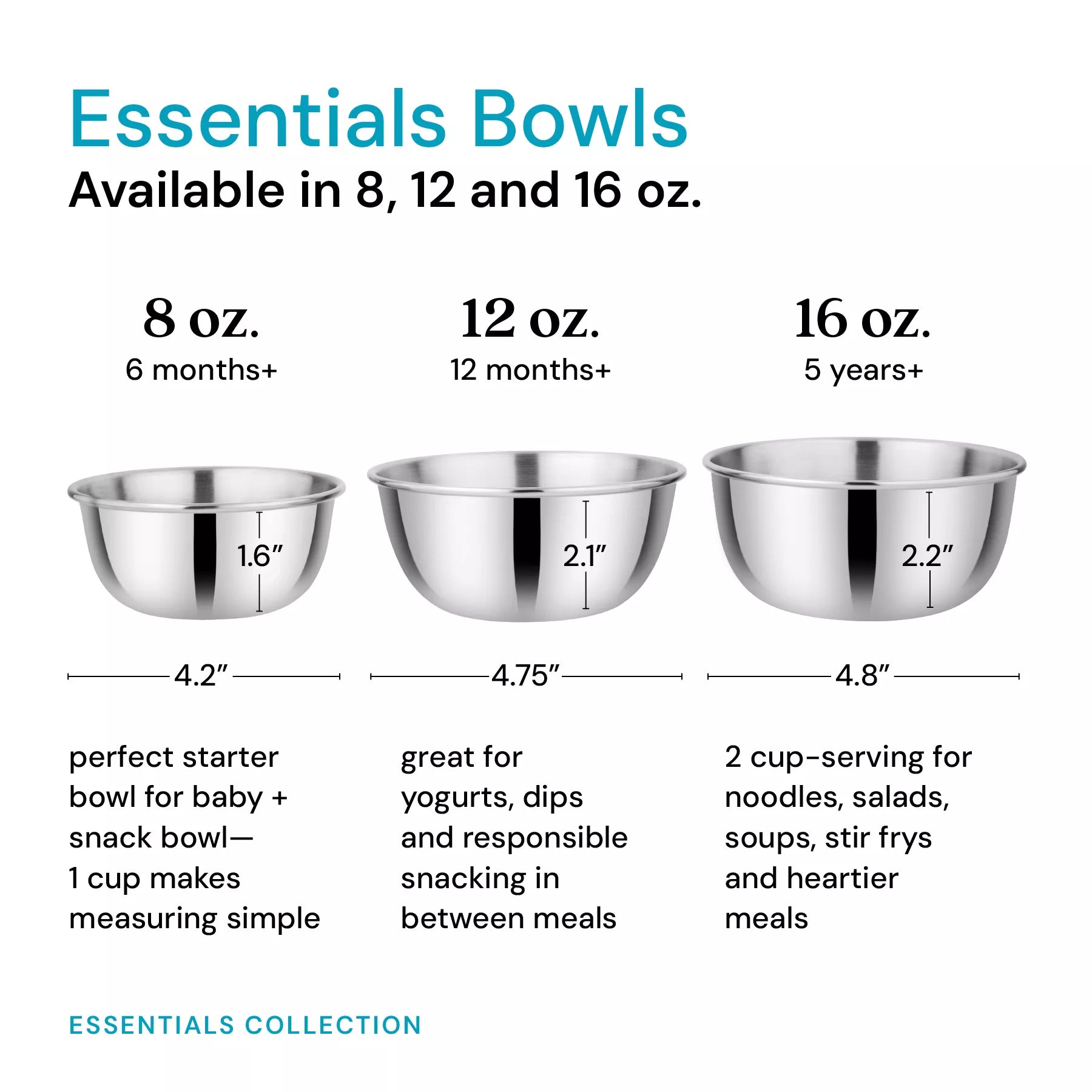 Three stainless steel bowls in 8 ounces, 12 ounces, and 16 ounces - next to each other to show sizing and dimensions. The 8 ounce bowl (recommended for 6 months and older) is a perfect starter bowl or snack bowl - 1 cup makes measuring simple! The 12 ounce bowl (recommended for 12 months and older) is great for yogurts, dips, and responsible snacking in between meals. The 16 ounce bowl (recommended for 5 years and older) can hold a 2 cup serving for noodles, salads, soups, stor frys and heartier meals).