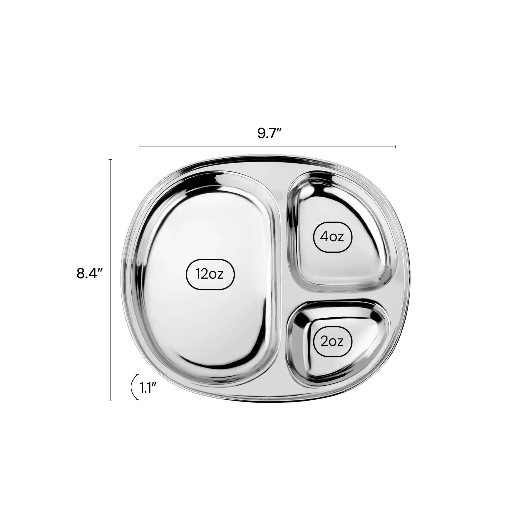 The Balanced Bites compartment plate is 9.7" by 8.4" and 1.1" deep. The 3 compartments are 12 oz, 4 oz, and 2 oz. 