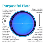 9 inches - intentionally sized between a standard salad and dinner plate. Why? A study by the AAP says that encouraging parents to use smaller dishes at home can be an effective strategy in providing age-appropriate portions during meals. Did you know that Americans eat off of big plates? Since 1960, the overall surface area of an average dinner plate has increased 36%. In Europe, the average dinner plate measures 9 inches.