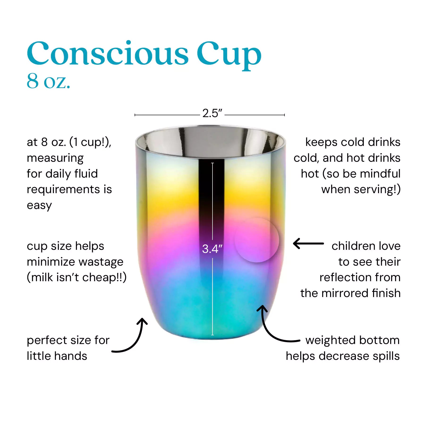 Conscious Cup at 8 ounces (1 cup!) measuring for daily fluid requirements is easy. Cup size helps minimize wastage (milk isn't cheap!). Keeps cold drinks cold and hot drinks hot (so be mindful when serving!). Children love to see their reflection from the mirrored finish. Weighted bottom helps decrease spills and the perfect size for little hands. 