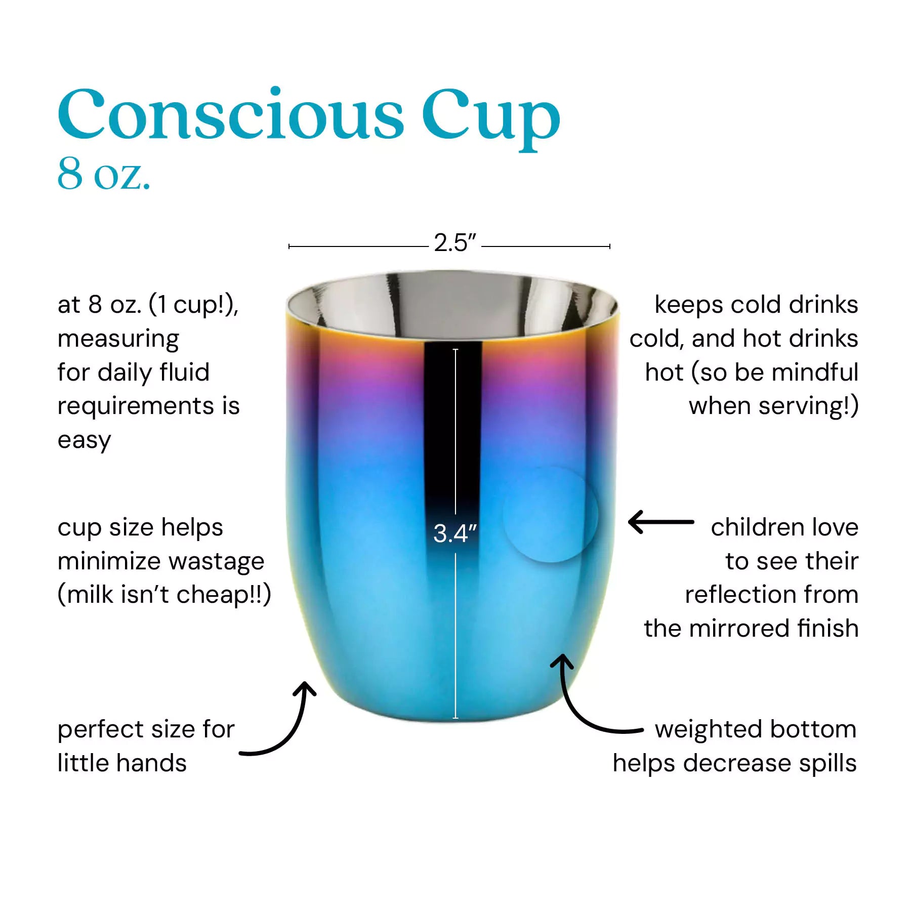 Conscious Cup at 8 ounces (1 cup!) measuring for daily fluid requirements is easy. Cup size helps minimize wastage (milk isn't cheap!). Keeps cold drinks cold and hot drinks hot (so be mindful when serving!). Children love to see their reflection from the mirrored finish. Weighted bottom helps decrease spills and the perfect size for little hands. 