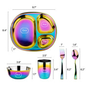 Dimensions for our Mindful Mealtime Set which includes our Balanced Bites compartment plate (8.4" x 9.7"), 8 ounce round bowl (opening is 3.8" wide and 1.7" tall), 8 ounce cup with weighted bottom to prevent spills (2.5, opening and 3.4" tall), fork (1" x 6.2"), and spoon (1.4" x 6.2")