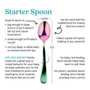 Starter Spoon - the head of the spoon is 0.875 inches, big enough to keep food in it (so it doesn't fall out and cause frustration), small enough to fit baby's mouth, and not too deep, to allow baby to remove food with lips. Did you know? Family meals are a great way to model behavior for your baby. As baby watches you, he will start holding his spoon and rotating his wrist towards the mouth like you to eat! The Starter Spoon can be used well into toddlerhood for snacks (and ice cream), makes a great stir)