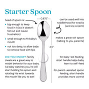 Starter Spoon - the head of the spoon is 0.875 inches, big enough to keep food in it (so it doesn't fall out and cause frustration), small enough to fit baby's mouth, and not too deep, to allow baby to remove food with lips. Did you know? Family meals are a great way to model behavior for your baby. As baby watches you, he will start holding his spoon and rotating his wrist towards the mouth like you to eat! The Starter Spoon can be used well into toddlerhood for snacks (and ice cream), makes a great stir)
