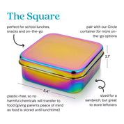 The Square food container - perfect for school lunches, snacks and on-the-go. Pair it with our Circle Food container for more on-the-go options. It is 5.4" (width) x 5.4" (deep) x 2.1" (height). Plastic-free, so no harmful chemicals will transfer to food (giving parents peace of mind as food is stored until lunchtime). Size for a sandwich, but great to store leftovers or a salad. 