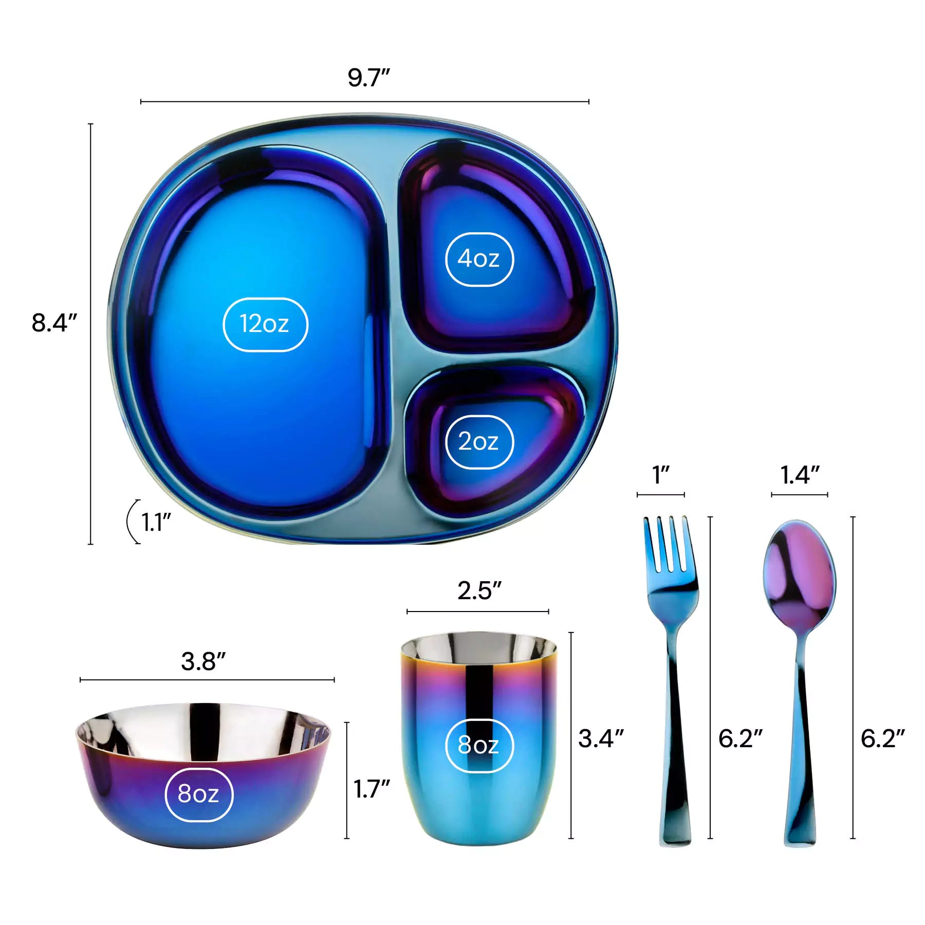 Dimensions for our Mindful Mealtime Set which includes our Balanced Bites compartment plate, 8 ounce round bowl, 8 ounce cup with weighted bottom to prevent spills, fork, and spoon