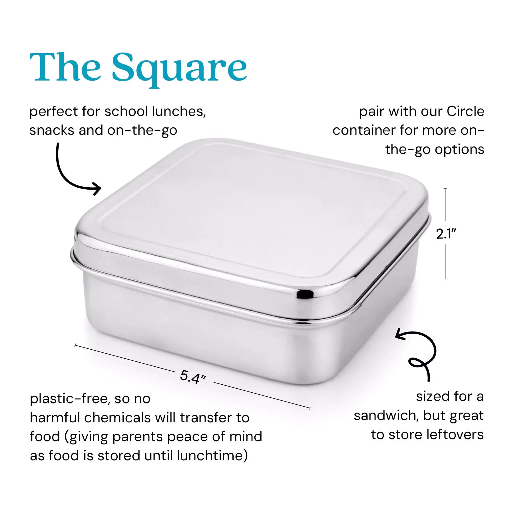 Stainless steel square container perfect for school lunches, snacks, and on the go. Pair with our Circle containers for more on the go options. Plastic-free, so no harmful chemicals will transfer to food (giving parents peace of mind as food stored until lunchtime).