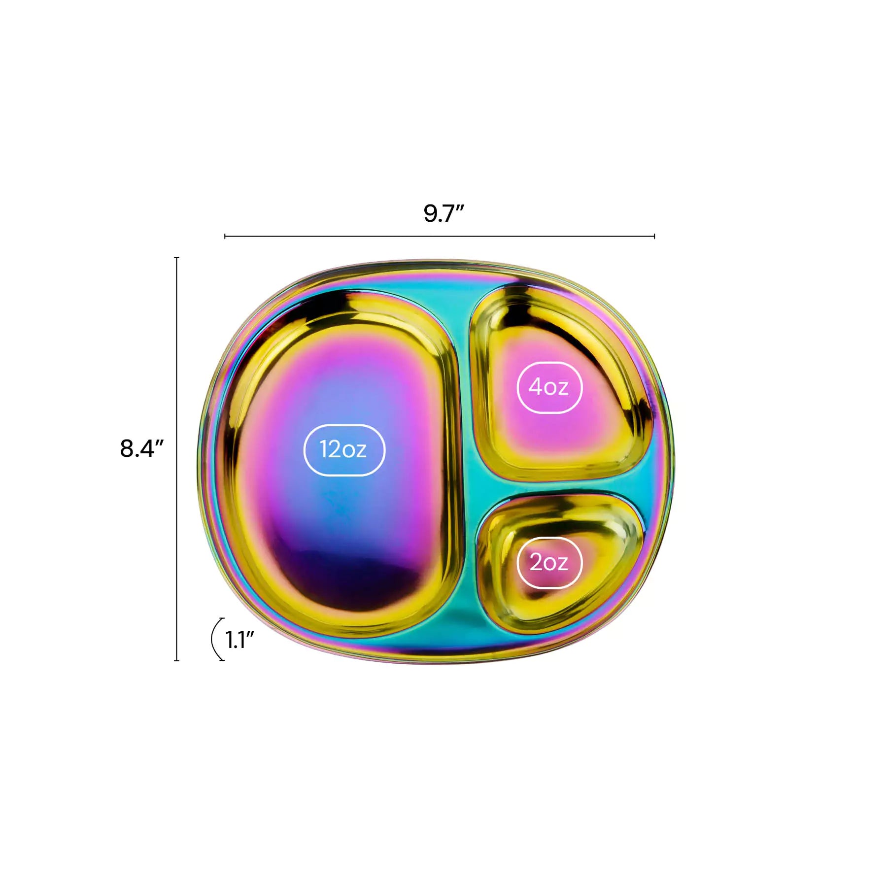 The Balanced Bites compartment plate is 9.7" by 8.4" and 1.1" deep. The 3 compartments are 12 oz, 4 oz, and 2 oz.