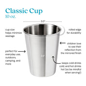 non toxic, plastic free kids cups, cup size helps minimize wastage, perfect for everyday use, outdoors, camping, and more. Rolled edge for durability, children love to see their reflection from the mirrored finish. Stainless steel cups help keep cold drinks cold and hot drinks hot (so be mindful when serving!)