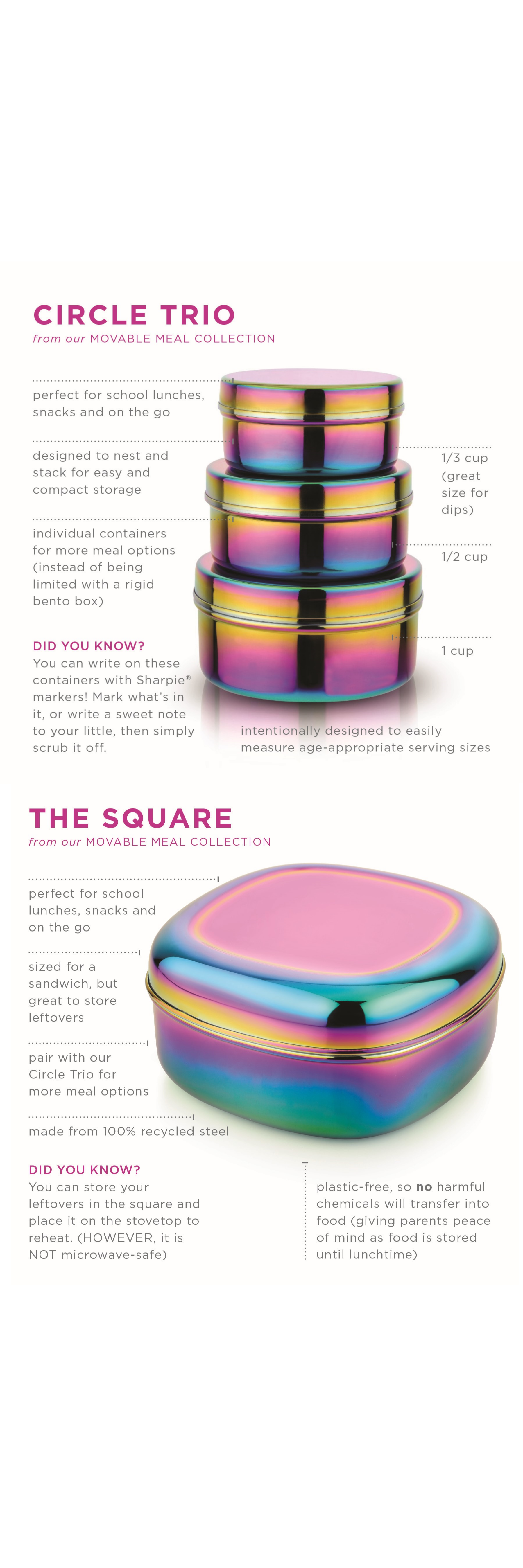 Movable Meal collection - Our doctor-designed colorful containers with lids are made with 100% recycled steel and without harmful plastic chemicals. The perfect bundle for school lunches (fit well in most lunchboxes), post-sport or afterschool activity