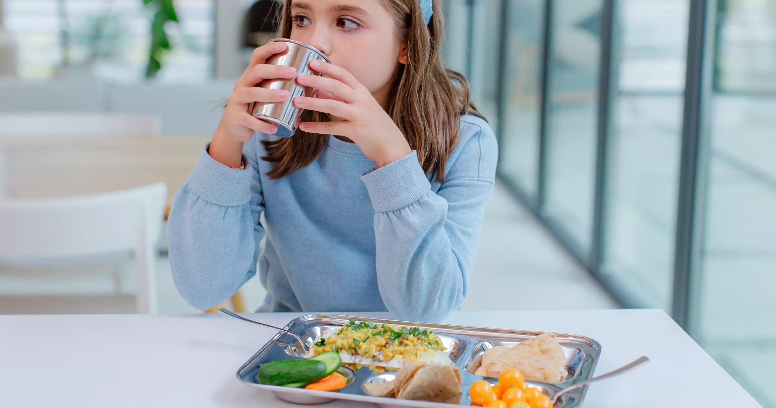 Stainless steel tray for kids and adults. Child with 10 ounce stainless steel cup, divided tray, fork and spoon
