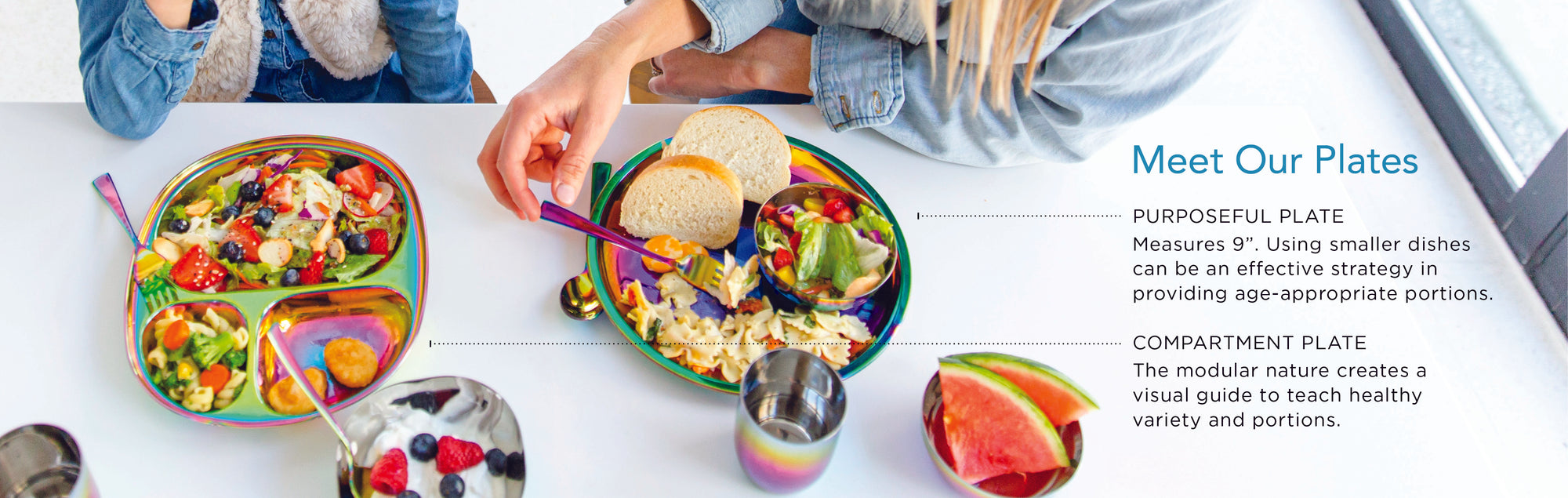 Meet Ahimsa's Plates! Purposeful plates measure 9" - using smaller dishes can be an effective strategy in providing age-appropriate portions. Our compartment plates are modular in nature creating a visual guide to teach healthy variety and portions. 