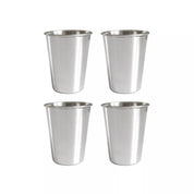 Four stainless steel 10 ounce cups, stackable, dishwasher safe, perfect for little hands