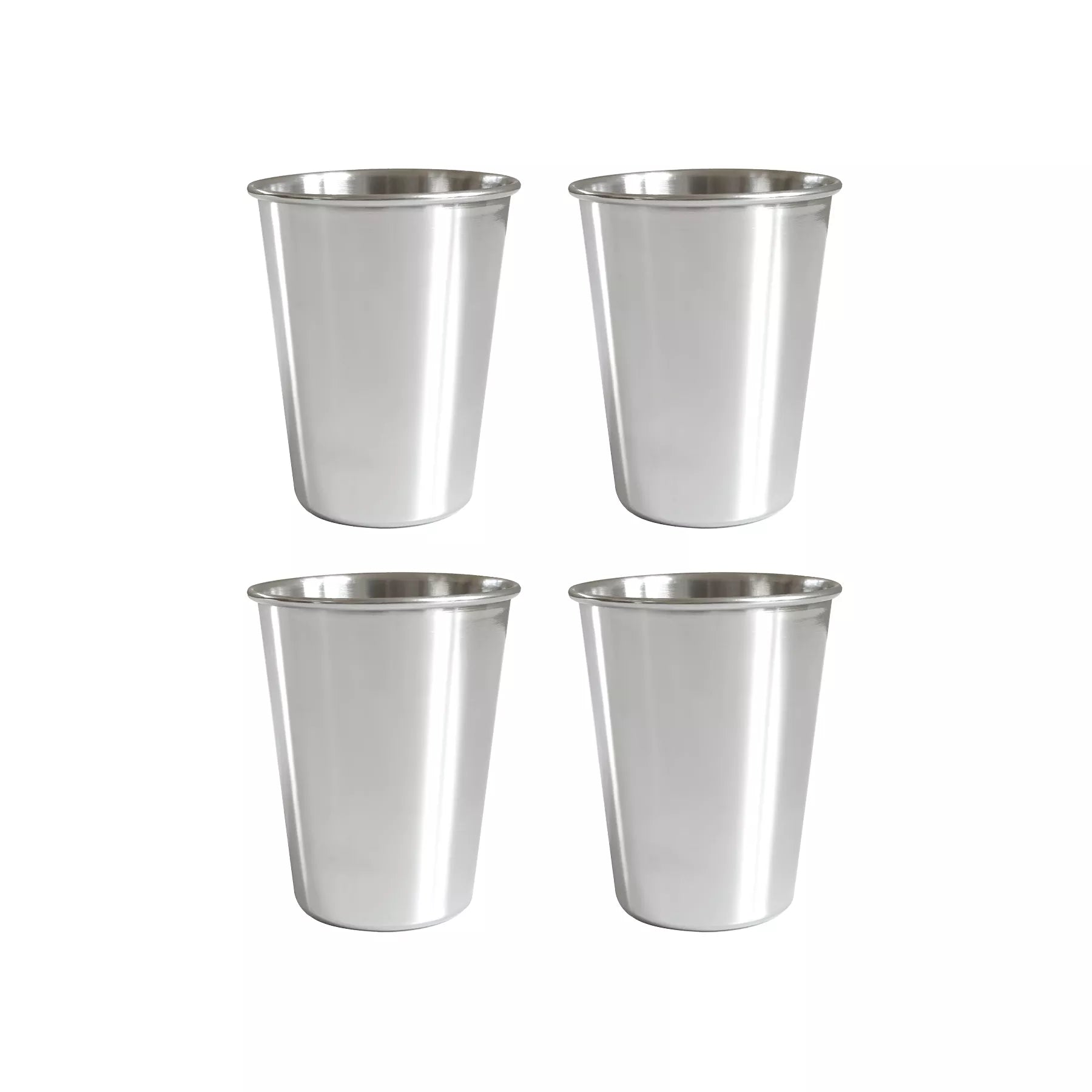Four stainless steel 10 ounce cups, stackable, dishwasher safe, perfect for little hands