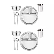 Ahimsa's Essentials Starters Bundle includes two Divided Plates – versatile compartment plates that helps keep meals organized, two 12 ounce Bowls for everyday use, sized for snacks & sides, two 10 ounce Cups – durable open cups designed for everyday drinks and easy stacking, and two Classic Utensil Sets – stainless steel fork and spoon sets sized for little hands and independent eating. All Ahimsa dishes are dishwasher safe and Made Safe certified.