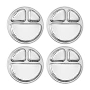 Four round, divided plates stainless steel compartment plates perfect for toddlers and kids, cost-efficient, durable, and cute plates