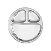 Three-section divided stainless steel plate. Built to last for toddlers and kids - durable design, priced for accessiblity, and the cutest round plate for your table.