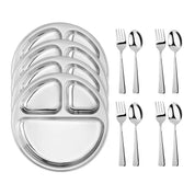 Four round divided stainless steel compartment plates for toddlers and kids and utensil sets. The perfect dishes for everyday use, camping, poolside snacking, and more. Dishwasher safe, durable, and so cute!