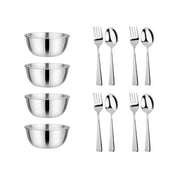 Four stainless steel bowls (12 ounces each) and four utensil sets (4 forks and 4 spoons) - dishwasher safe, perfect for toddlers, kids, teens, and adults. 