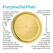 9 inches - intentionally sized between a standard salad and dinner plate. Why? A study by the AAP encouraging parents to use smaller dishes at home can be an effective strategy in providing age-appropriate portions during meals. Did you know that Americans eat off of big plates? Since 1960 overall surface area of an average dinner plate increased 36%. In Europe, the average dinner plate measures 9 inches.