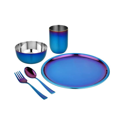 Blue Purposeful Portions set with 9 inch plate, 14 ounce bowl, 12 ounce cup, fork, and spoon - all stainless steel dishes, free of plastic, durable, great for kids, and dishwasher safe