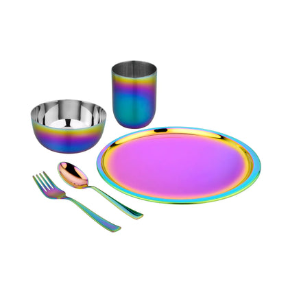 Set of stainless steel dishesin rainbow color - including - 14 ounce bowl, 9 inch plate, 12 ounce cup, fork, and spoon