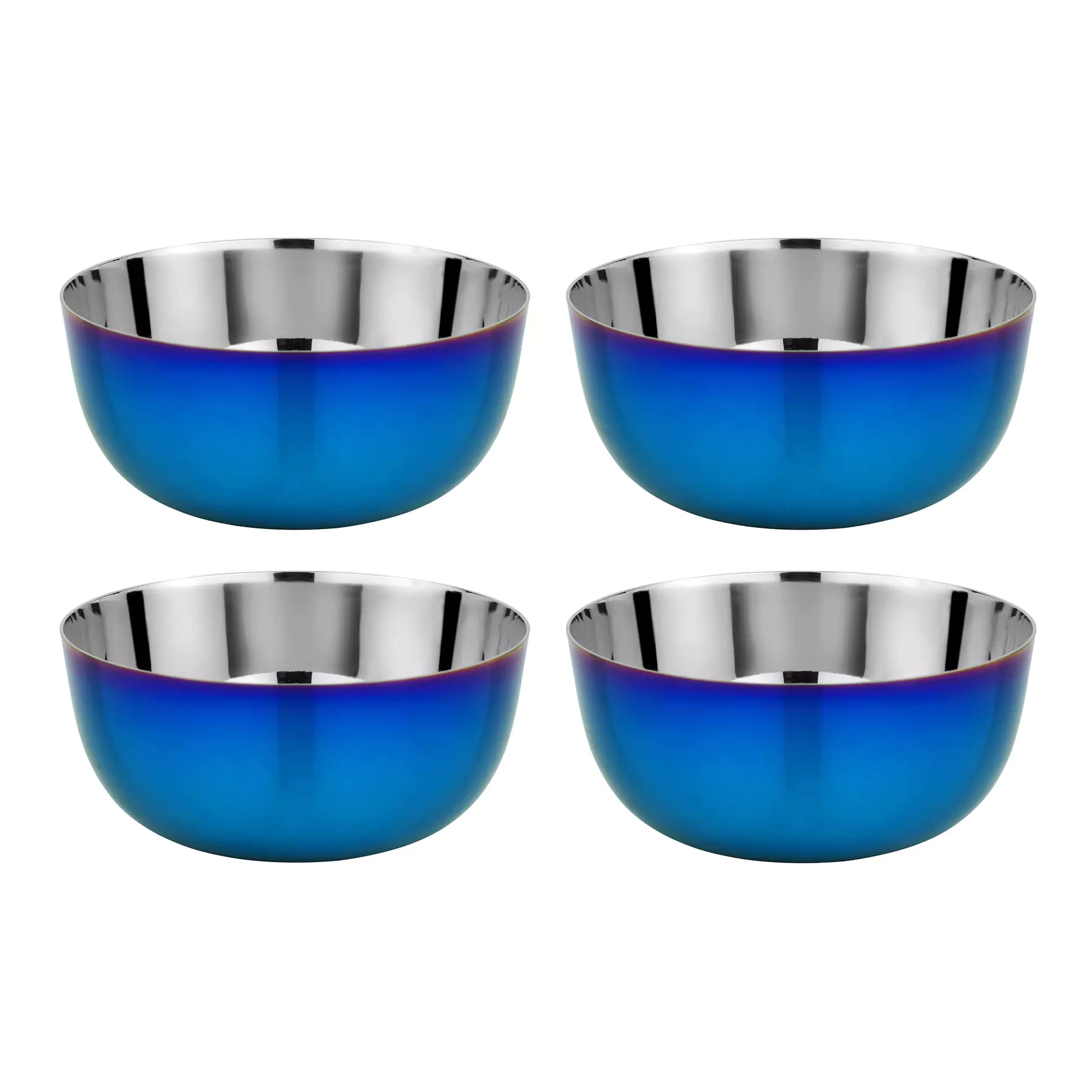 Four blue stainless steel bowls on a white background - perfect durable bowls for toddlers, kids, and adults
