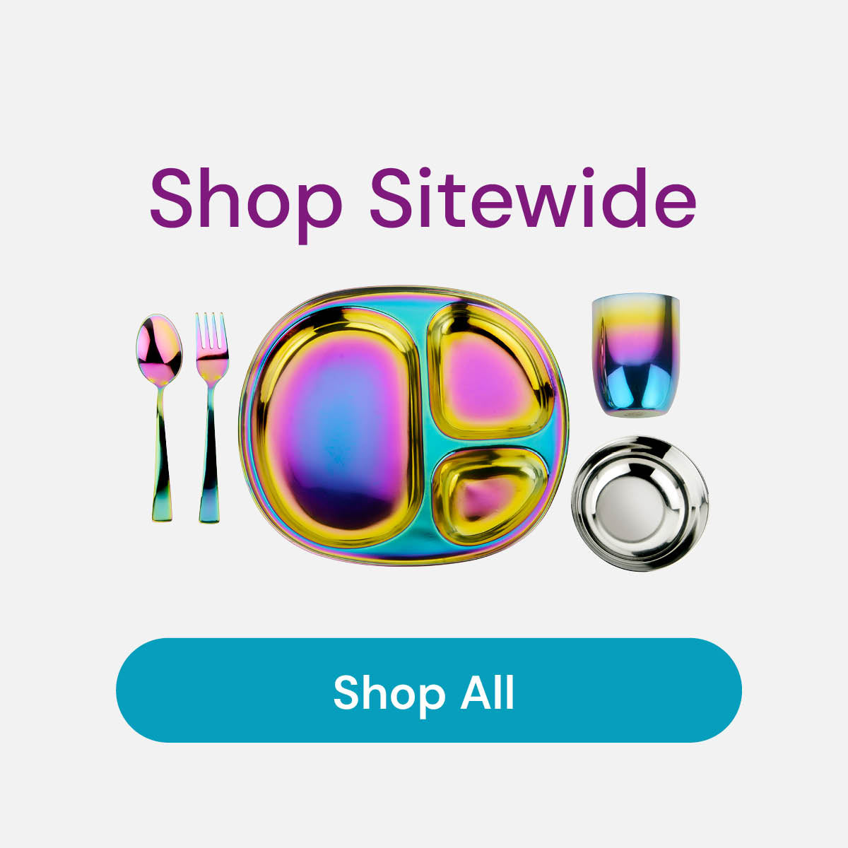 Shop sitewide - image of Mindful Mealtime Set in rainbow - stainless steel compartment plate, 8 ounce bowl, 8 ounce cup, fork, and spoon