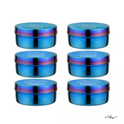 Set of six blue stainless steel food containers with Smurf character etched on the lids.