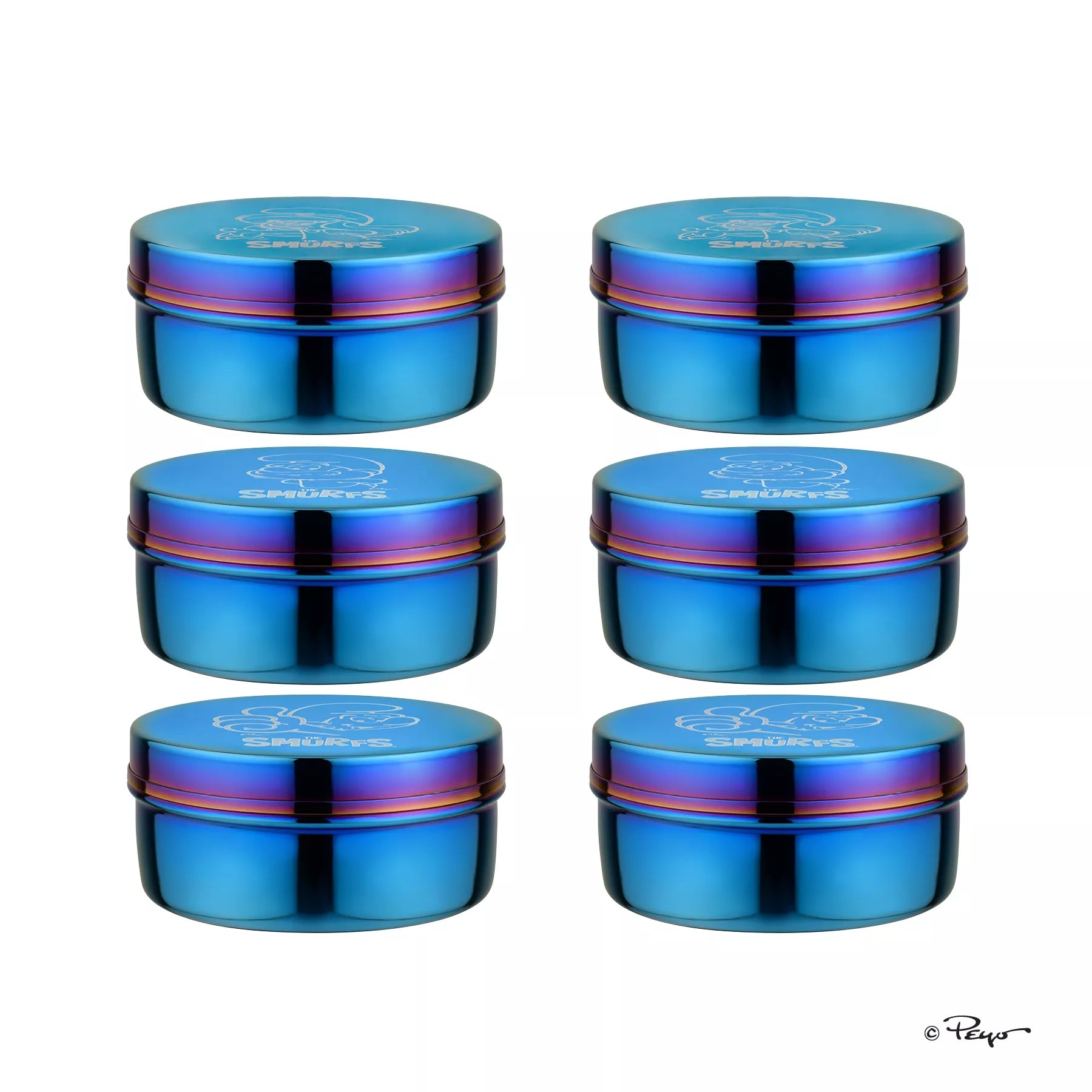 Set of six blue stainless steel food containers with Smurf character etched on the lids.