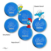 Set of blue circular food containers with Smurf characters for Smurfette, Papa Smurf, and Classic Smurf for camping, sports, after school activities, and more. Great for snack, fruit, veggies, pretzels, and more. 