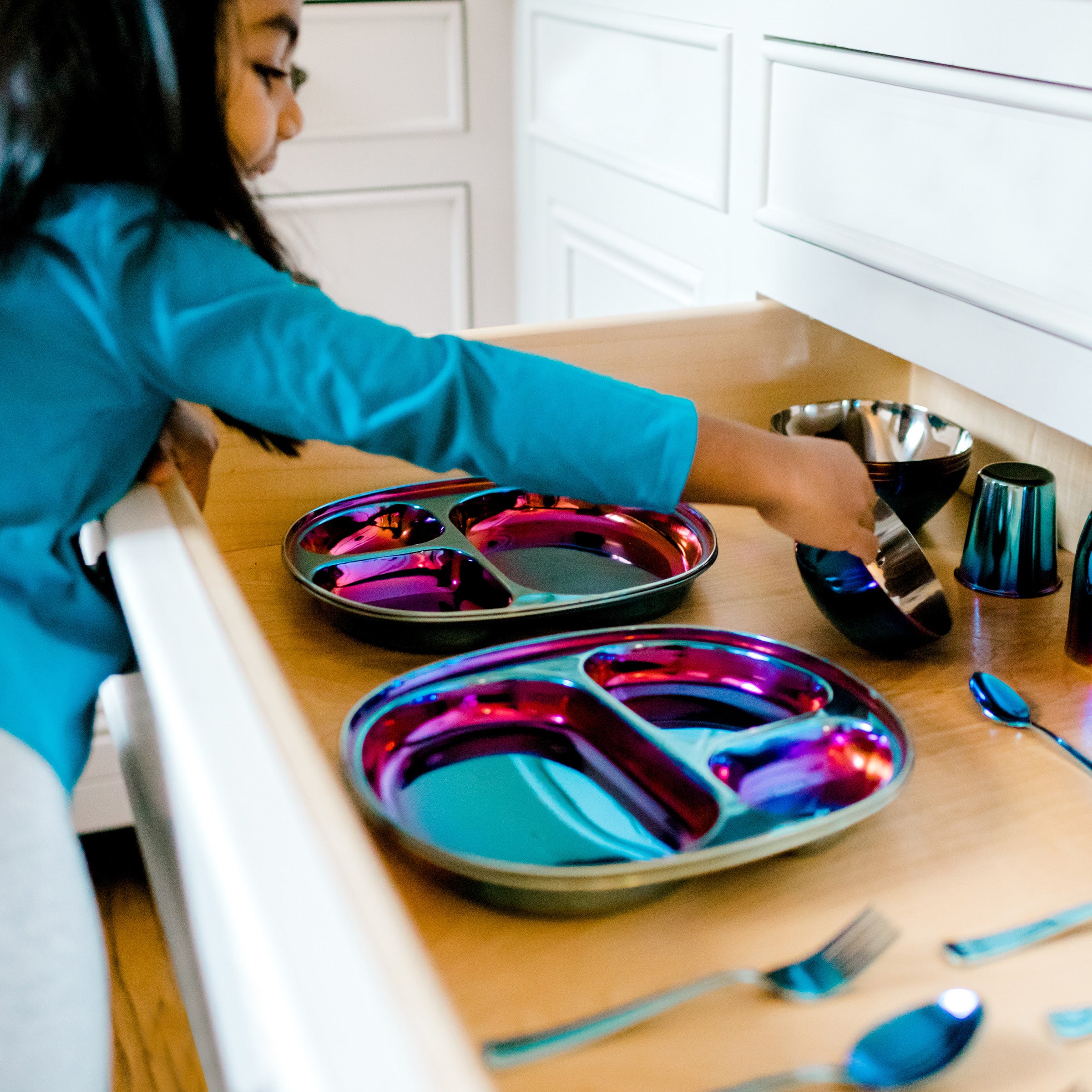 Family bundles - buy more, save more. Mindful Mealtime Sets sold in sets of 4 and 8 - each set includes a compartment plate, round 8 oz bowl, 8 o cup with weighted bottom, fork and spoon.