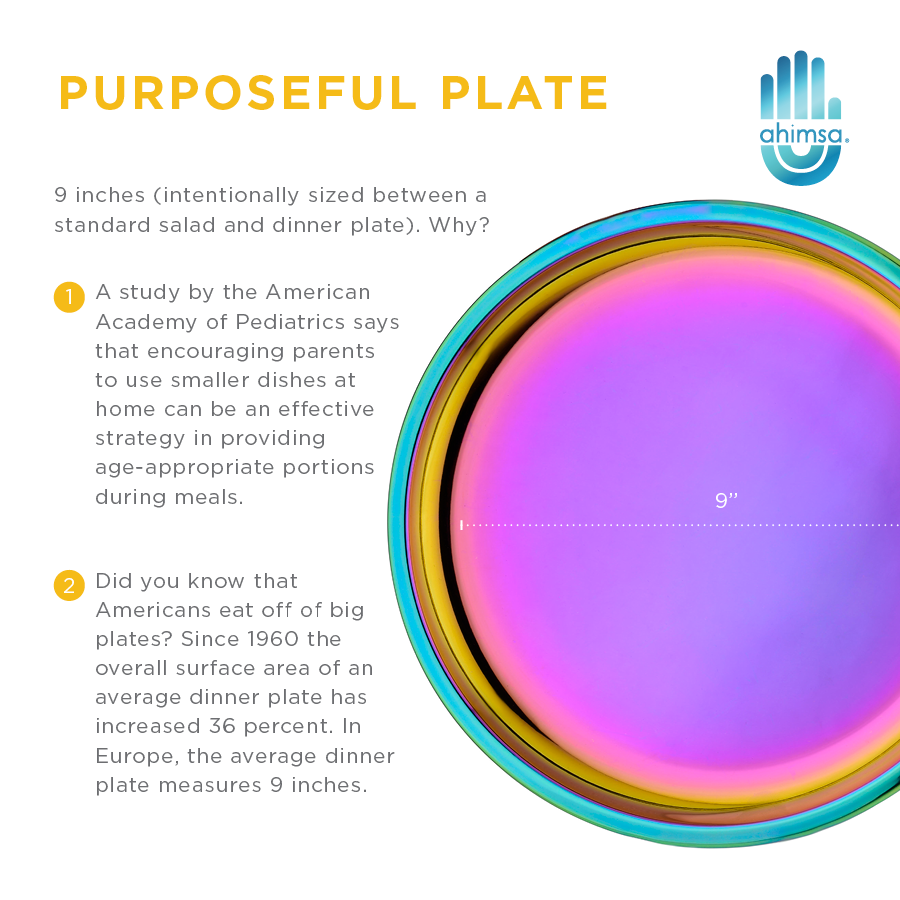 9 inches - intentionally sized between a standard saled and dinner plate. Why? Studies show that plate size matters. The American Academy of Pediatrics says that encouraging parents to use smaller dishes at home can be an effective strategy in providing age-appropriate portions during meals. Did you know that Americans eat off of big plates? Since 1960 the overall surface area of an average dinner plate has increased 26 percent. In Europe the average dinner plate measures 9 inches